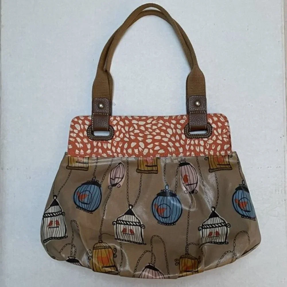 Fossil Birdcage Multicolor Coated Canvas‎ Shoulder Bag Purse Tote Travel Beach